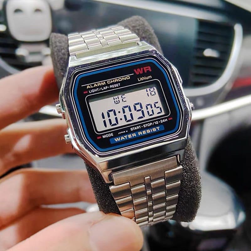 Image of Digital Watch, Silver Stainless Steel, Water Resistant LCD Display, Electronic Alarm Chronograph, 24H Time Format