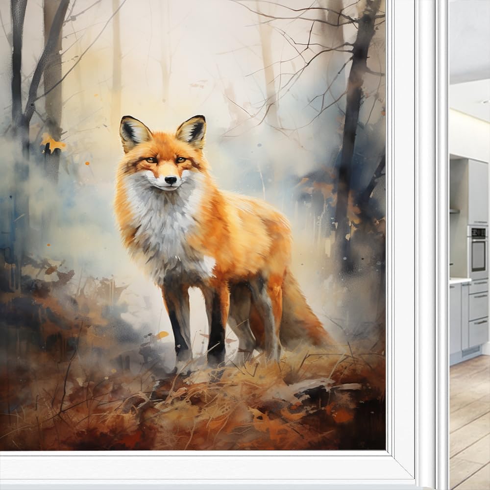 Watercolor Vintage Fox Window Film Privacy Abstract Woods Wildlife Decorative Stained Static Cling Window Sticker for Home, 70x100 cm