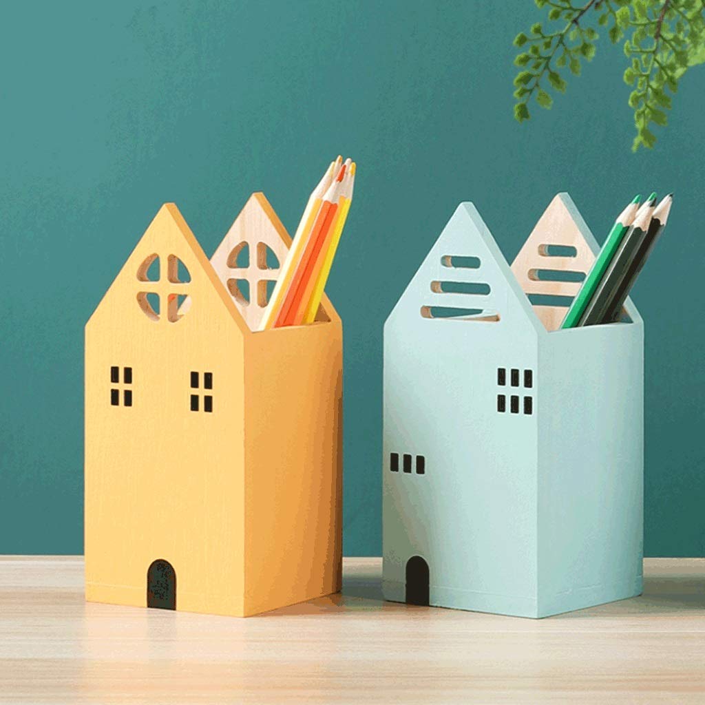 Portapenne Portapenne da scrivania in Legno, Piccola Scatola portamatite a Forma di casa, graziose Decorazioni per Il Desktop, Famiglia di Grande capacità (Verde)
