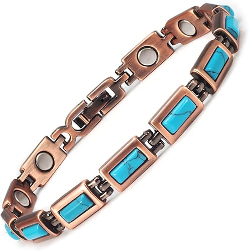 Pulseras de cobre para mujer, 7.48 pulgadas, ajustable, azul, turquesa, magnético, regalo de joyería de moda (0170), Cobre