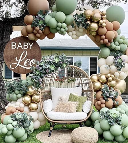 Sage Green Balloon Arch Kit, Olive Green Balloon Garland Kit, Balloon Garland Kit Green Balloons Coffee and Gold Balloons for Wild One 1st Birthday Decorations, Boy or Girl Baby Shower Decorations