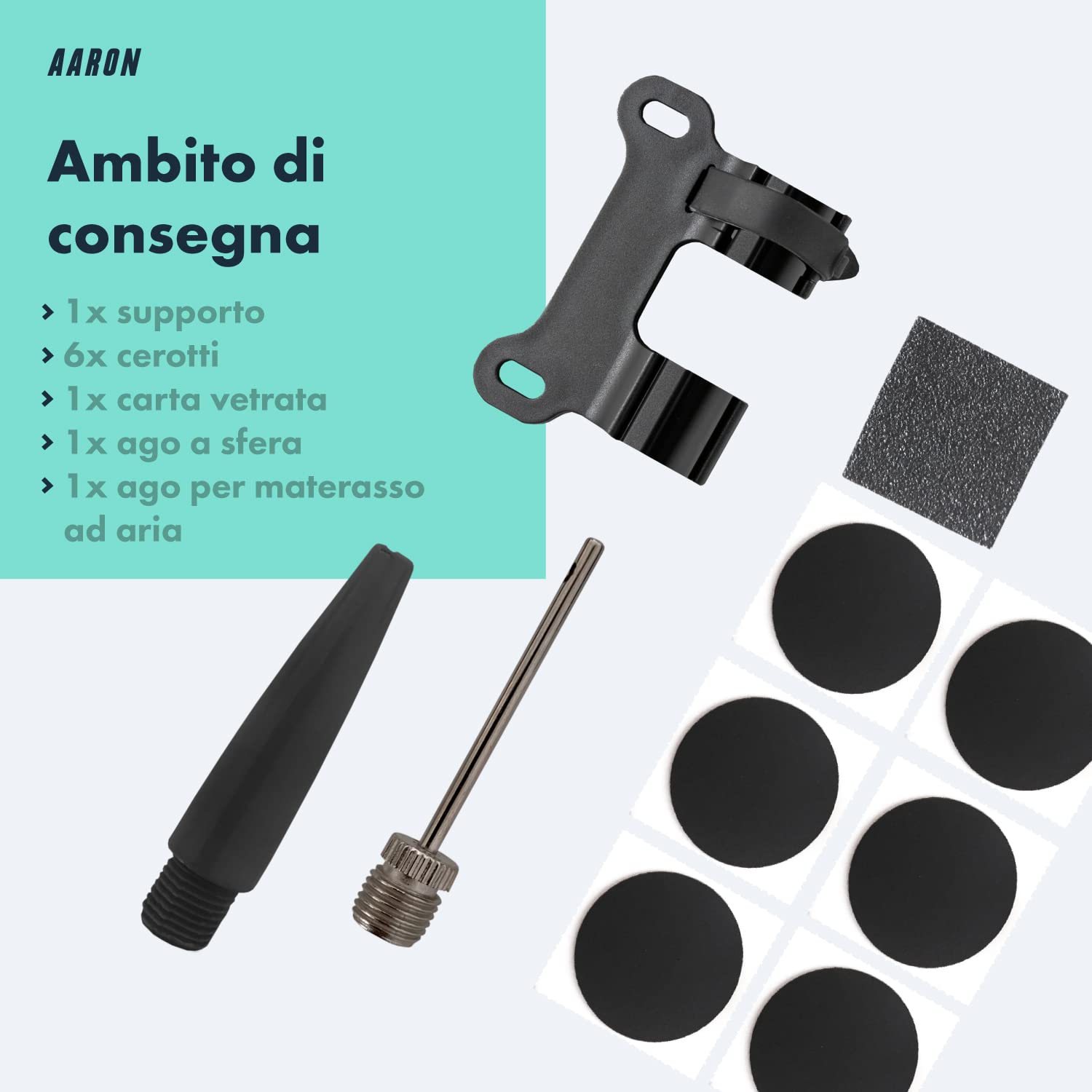 AARON Pocket One Mini pompa per bicicletta per tutte le valvole - Pompa ad aria compatta adatta a tutti i telai - Pompa manuale per viaggi con kit di gonfiaggio gratuito - Pompa a ruota in nero/grigio