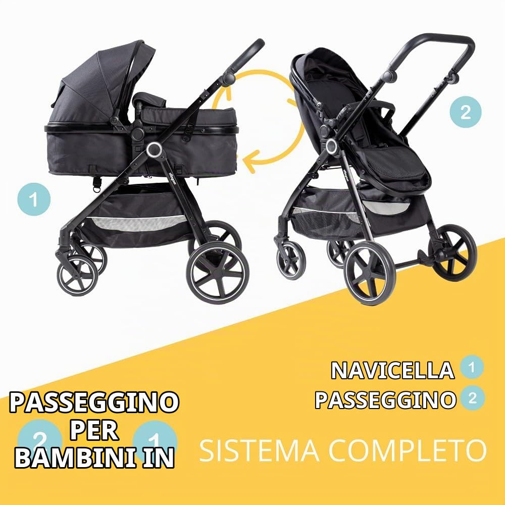 Interbaby Passeggino 2 in 1 Navicella + Seduta Reversibile 22 kg (Nero) | Passeggino combinato 2 in 1 dalla nascita, navicella extra grande + seduta reversibile, sospensioni 4 ruote, chiusura rapida