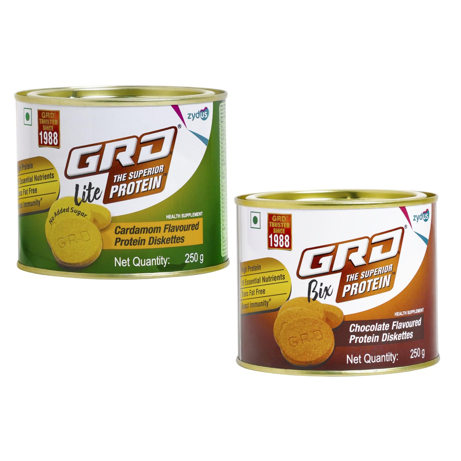 GRD Bix Superior Protein Healthy Diskettes, Tasty Biscuits (Chocolate) & GRD Lite Superior Protein Diskettes, Tasty Sugarless Biscuits (Cardamon) - 250g Each, Pack of 2 (B09MYR9M47) Amazon Price History, Amazon Price Tracker