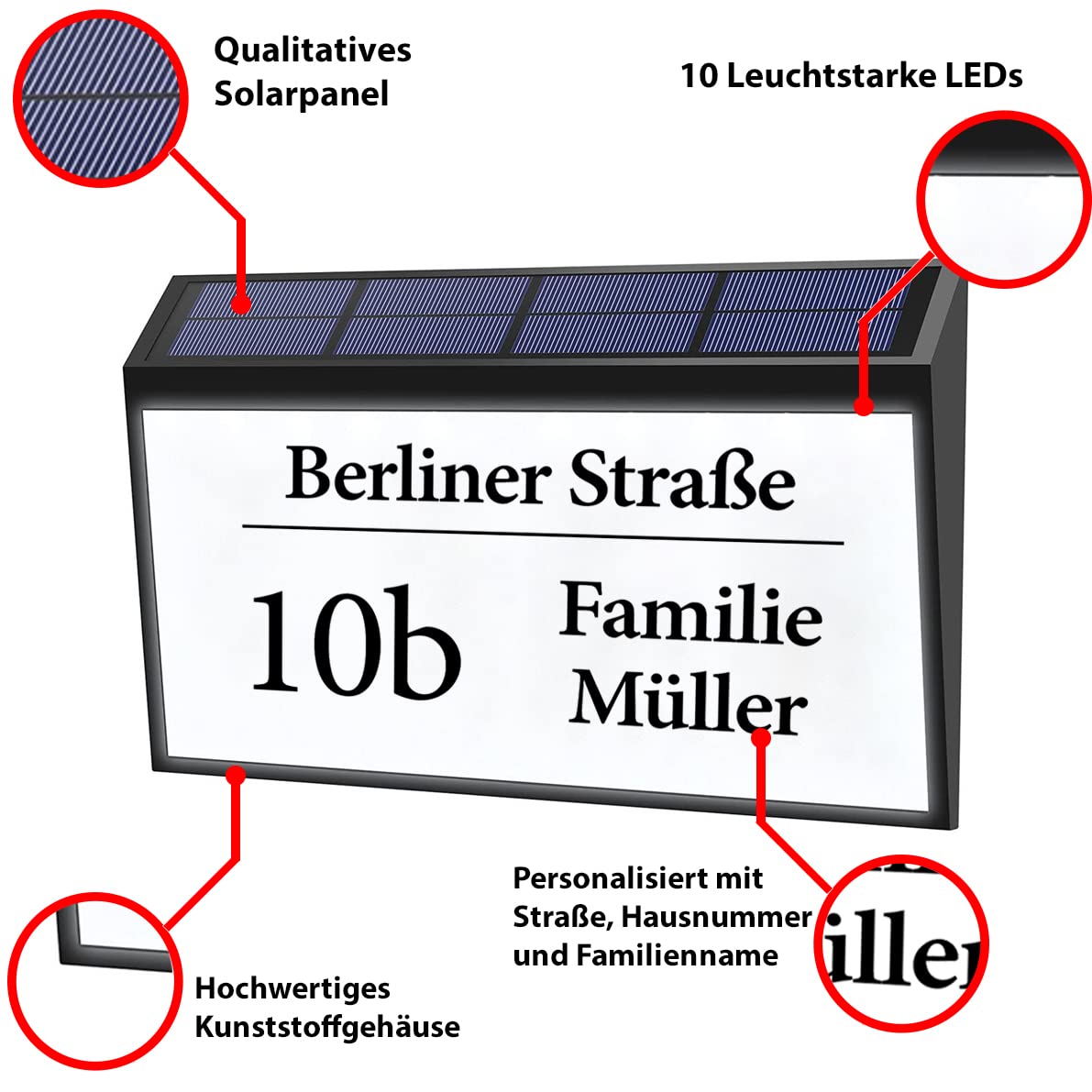 Bl4ckPrint Podświetlana solarna tabliczka z numerem domu z 10 diodami LED, możliwość personalizacji z numerem domu i nazwiskiem rodziny