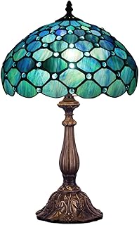 Tiffany Table Lamp Stained Glass Lamp 12x12x19 Inch Antique Reading Lamp (Sea Blue Pearl)