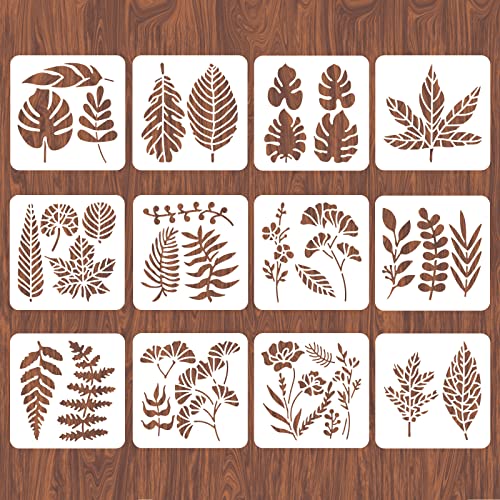 INFUNLY 12PCS Leaf Wall Stencils Reusable Plant Pattern Stencils Painting Templates 6X6 for Walls Card Making Wood Furniture Nursery Bedroom Christmas Decor