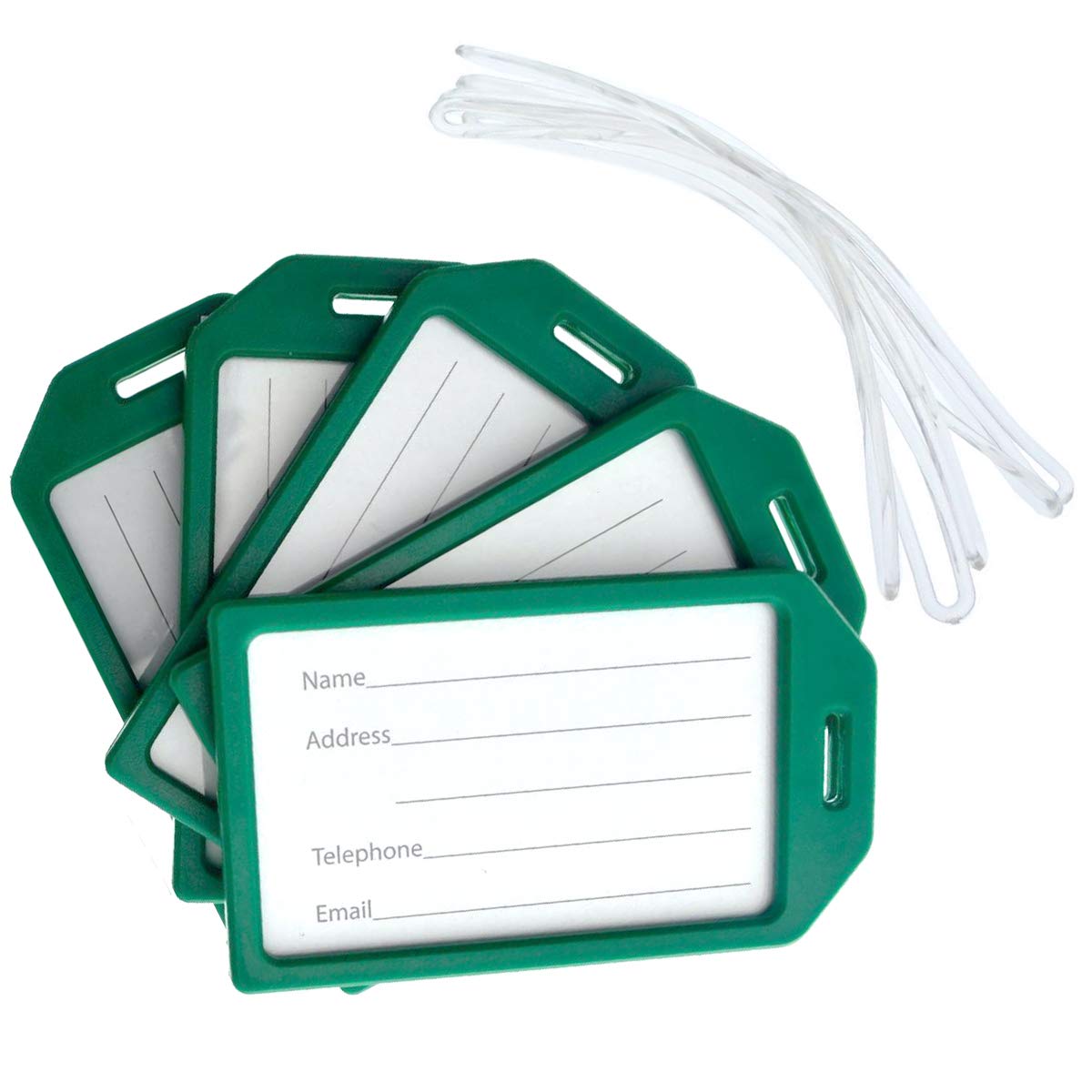 5 Pack - Premium Rigid Airline Luggage Tag Holders with 6" Worm Loops - Heavy Duty Hard Plastic -Suitcase ID Tag Identifiers with Business Card Insert Window by Specialist ID (Green)