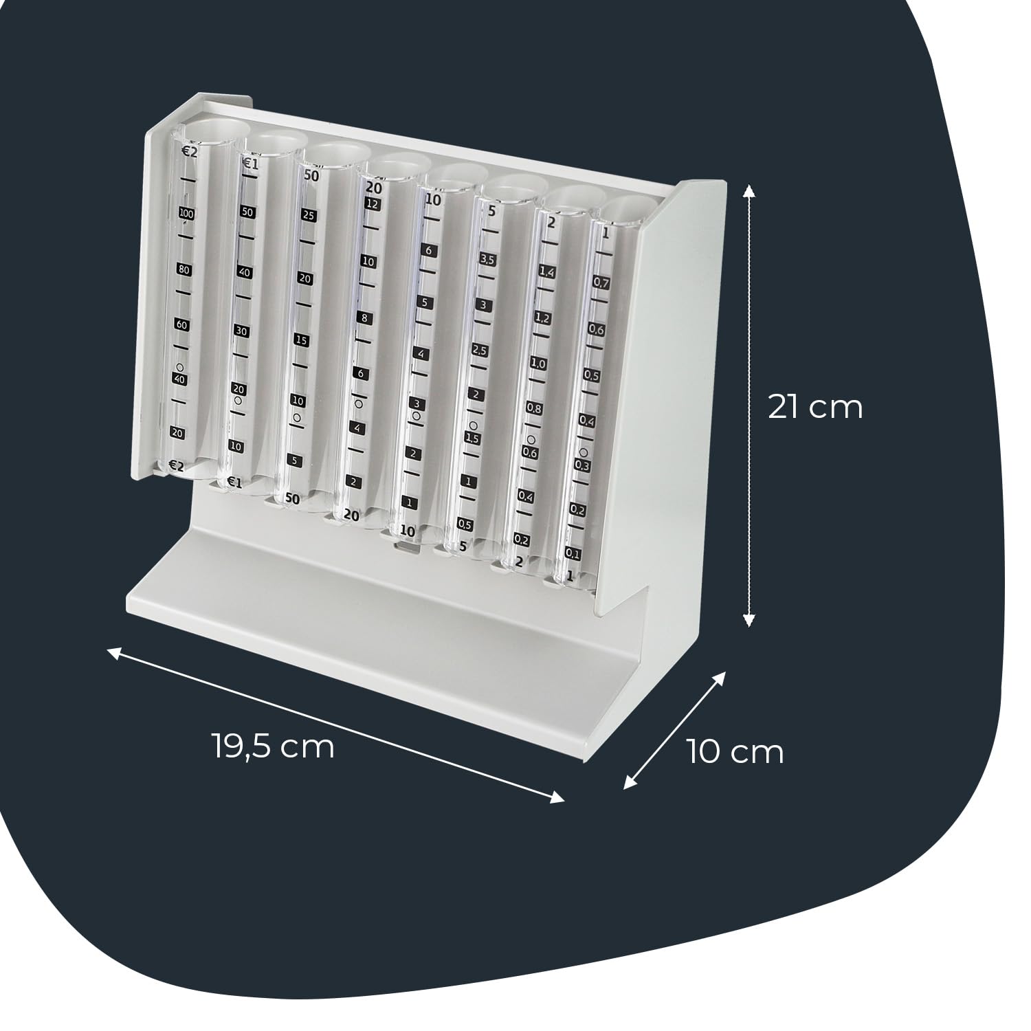 HMF Compteur de pièces pour tri et rangement de la monnaie, trieur de pièces transparent avec échelle des valeurs, tirelire pour enfants | 21 x 19,5 x 10 cm | Gris clair
