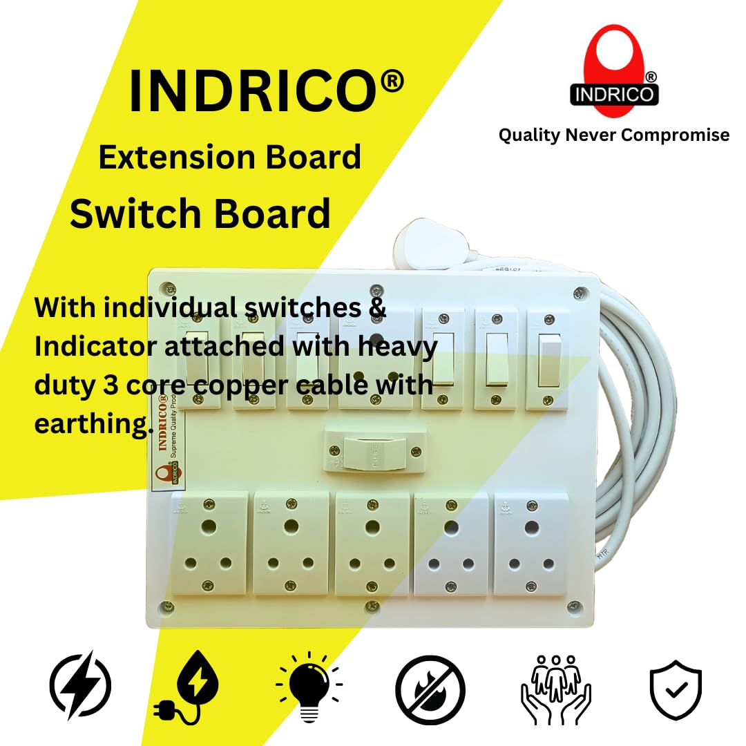 INDRICO® Extension Box 6 Sockets and 6 Switches, Fuse with Heavy Duty Cable White (5 Meter) — Amazon image 7