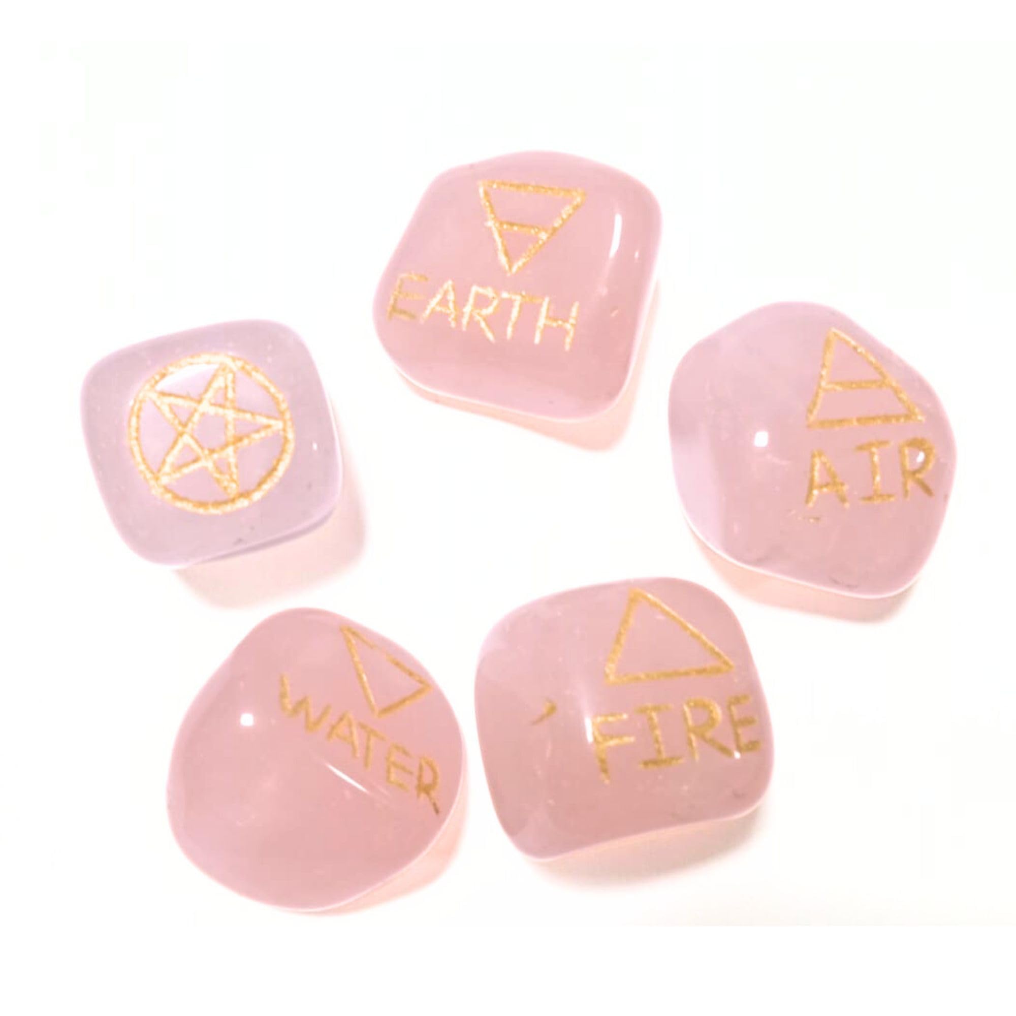 New Rose Quartz 5 Element Tumbled Stones Thick Genuine Earth Wiccan Pagan Pouch Gift Air Water Earth Fire Spirit Pentacle Star Spiritual Psychic Metaphysical Worship Altar India Asia Stone Gemstone