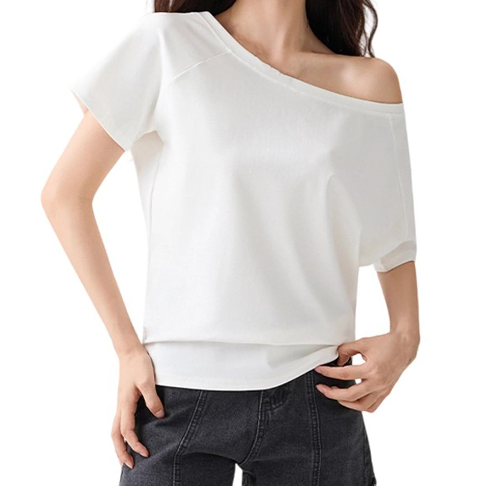 Hauts À Épaules Dénudées Pour Femmes Été Lâche Casual À Manches Courtes Couleur Unie Loose Wear Sexy Mignon Tops