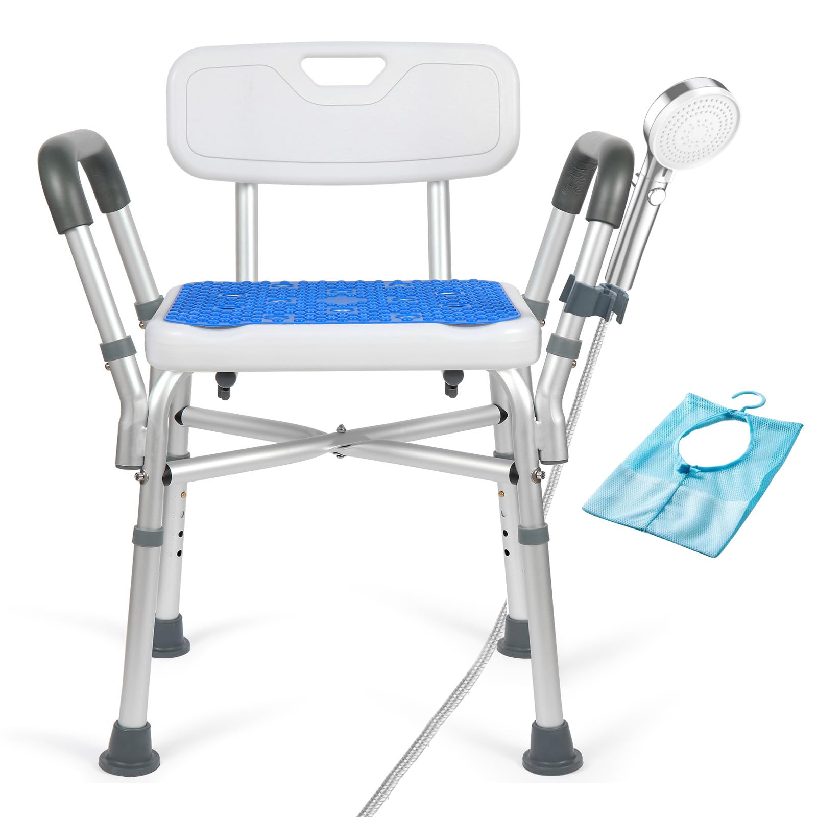 Sedia da Doccia per Anziani e Disabili, Sedia da Doccia con Braccioli e Schienale Seduta da doccia antiscivolo, sgabello da doccia regolabile in altezza con supporto per doccia, portata massima 210 kg