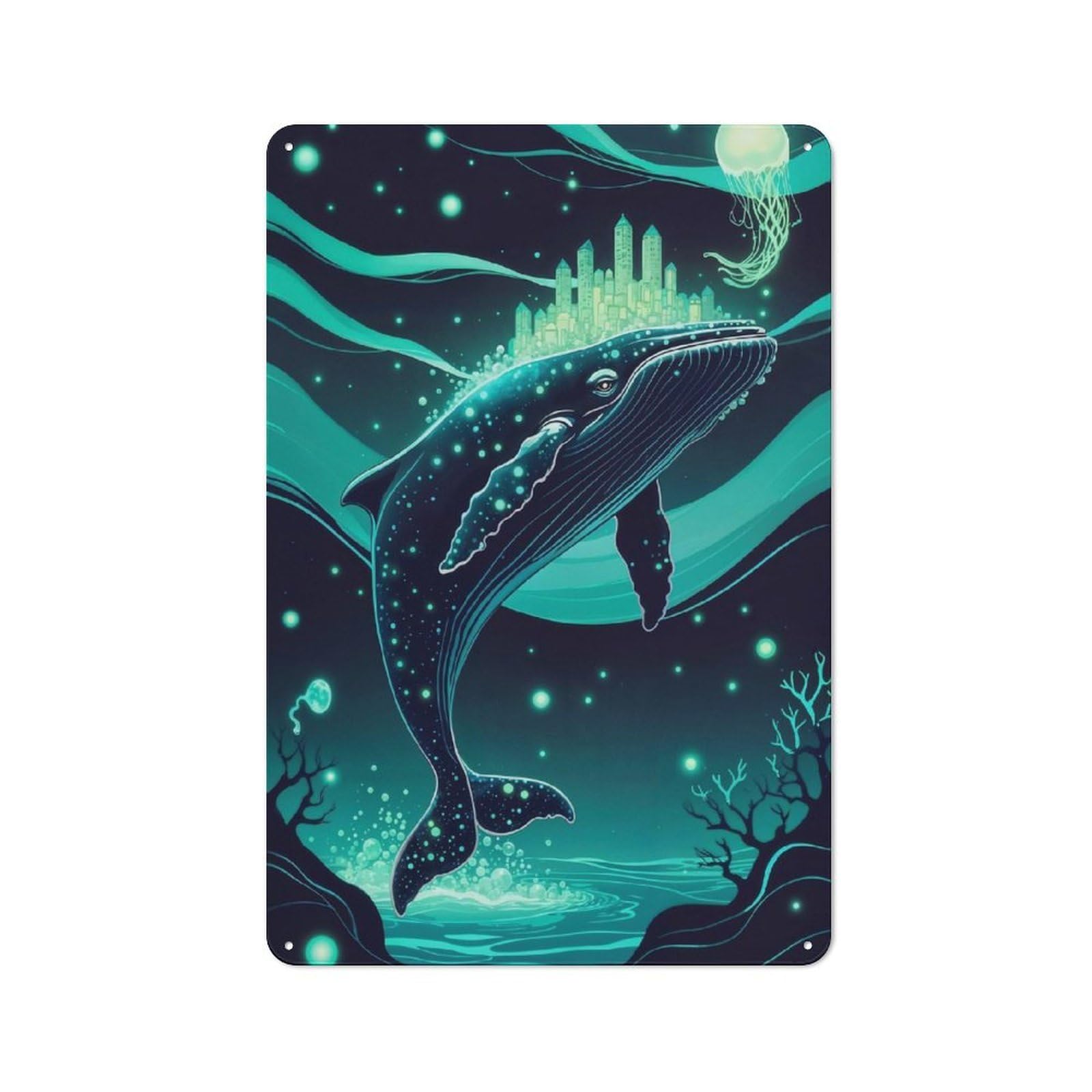 Junmoney Whale With Cityscape And Jellyfish Everyday Vintage Metal Sign 30X20cm Featuring Room Wall Plaque For Home, Shop, Pub Or Studio Wall