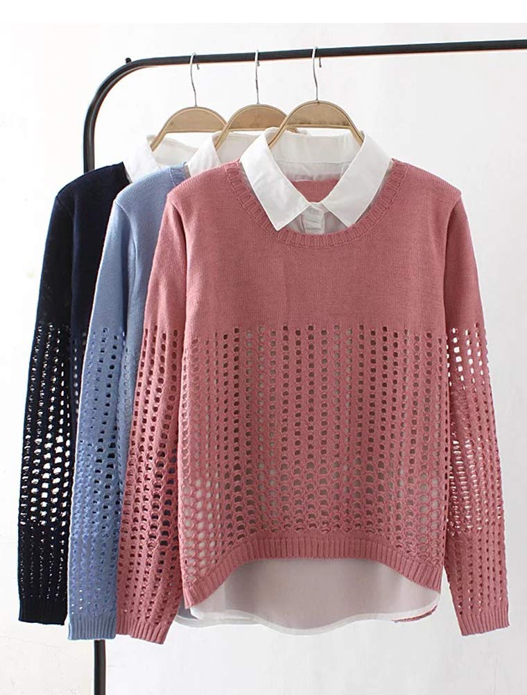 Minibee Women's Pan Collar Knitted Sweater - Long Sleeve Lattice Pullover (Pink, Large) For Spring & Fall