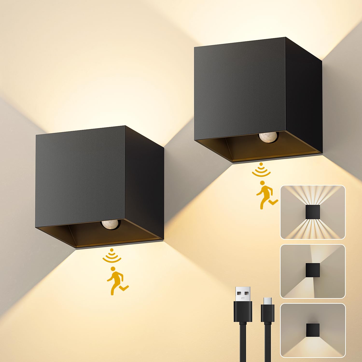 Aplique Pared Interior Lampara Pared Sin Cable con Detector de Movimiento,2 Piezas Led Apliques Pared Dormitorio Recargable de Aluminio, Regulable Negro Luz Pared de Pasillo Escaleras Estar