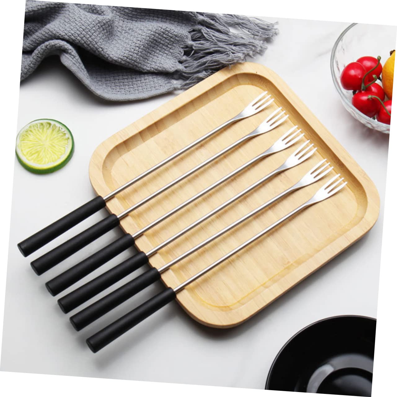 BRIGHTFUFU Stainless Steel Hot Pot Forks 6 Piece Set Forks and Spoons for Fondue Pot Long Handle Black