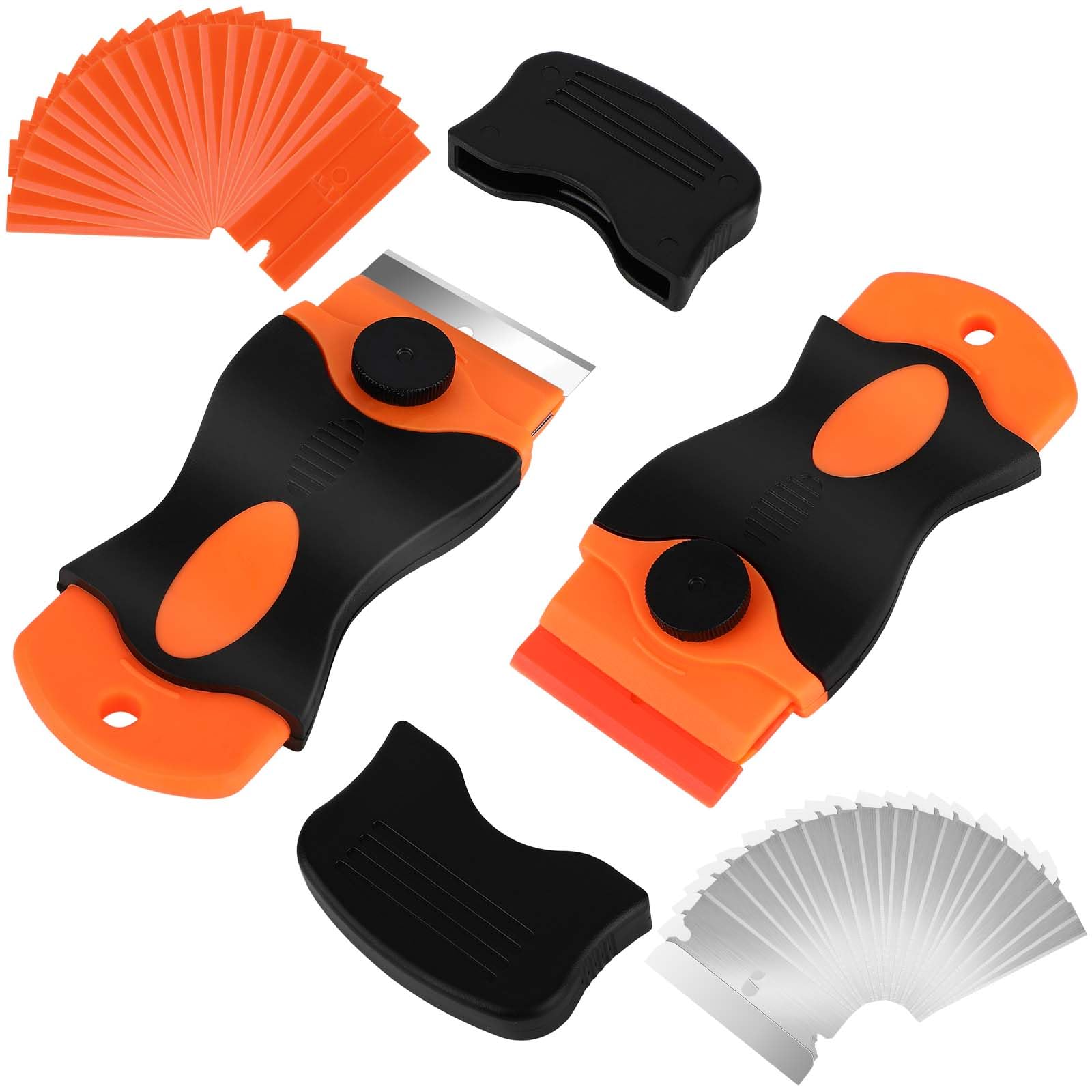 Rasqueta Vitroceramica 2 piezas con 20 de inoxidable y 20 Hojas de Plástico,para Estufas Domésticas, para Raspar Etiquetas, Adhesivos o Pegatinas en Vidrio, sellado o pintura