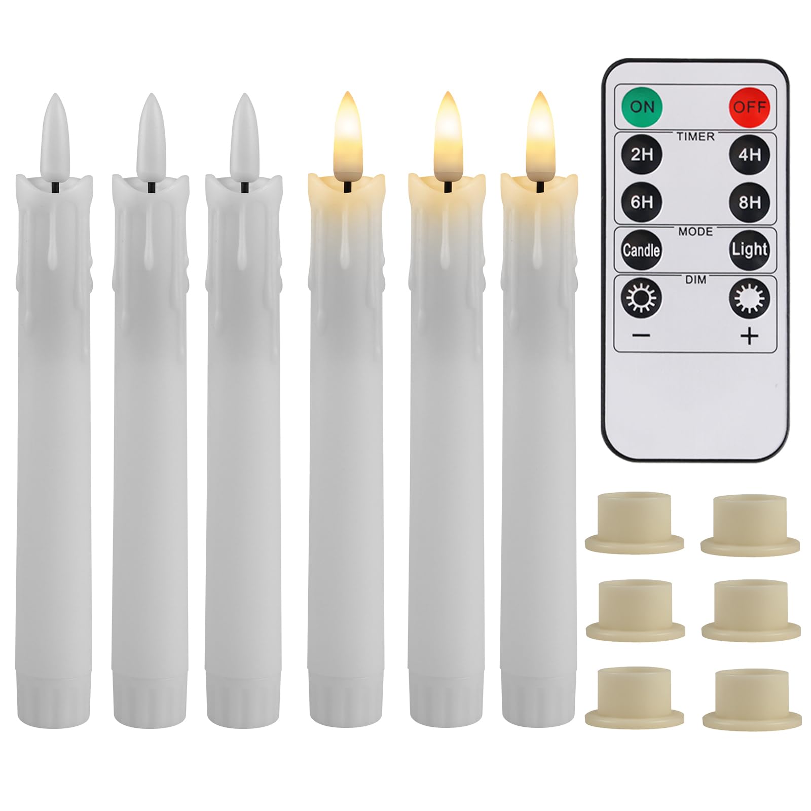 NAKIHOUSE Battery Operated LED Candles - Pack of 6 Warm White Flameless Flickering Taper Candles with 3D Wick for Halloween, Christmas, Wedding (White, D0.7 X H6.6 Inch)