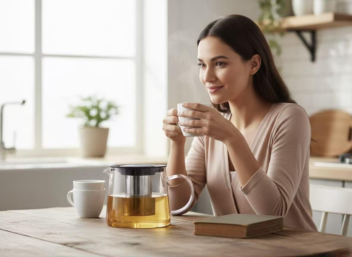 OCEANO Teiera in Vetro Borosilicato 1,5l Resistente al Calore Adatto Fornello Gas Colino The Filtro Acciaio Rimovibile Coperchio Infusore Fiamma Viva Caraffa Termica per Tè Polvere Infusi Erbe Foglie