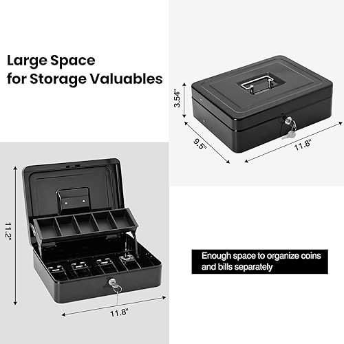 Miniatura 8 de Caja de efectivo con cerradura y 2 llaves, caja de dinero de metal con bandeja para efectivo, cajas de efectivo grandes con bloqueo, caja de