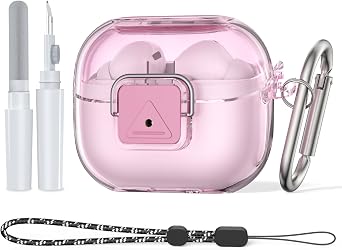 غطاء شفاف لهاتف Galaxy Buds 3 FE 2025 وBuds 3 Pro وGalaxy Buds 3 مع قفل آمن وواقي مقاوم للصدمات لهاتف Samsung Galaxy Buds 3 و3Pro مع مجموعة تنظيف وسلسلة مفاتيح باللون الوردي الشفاف