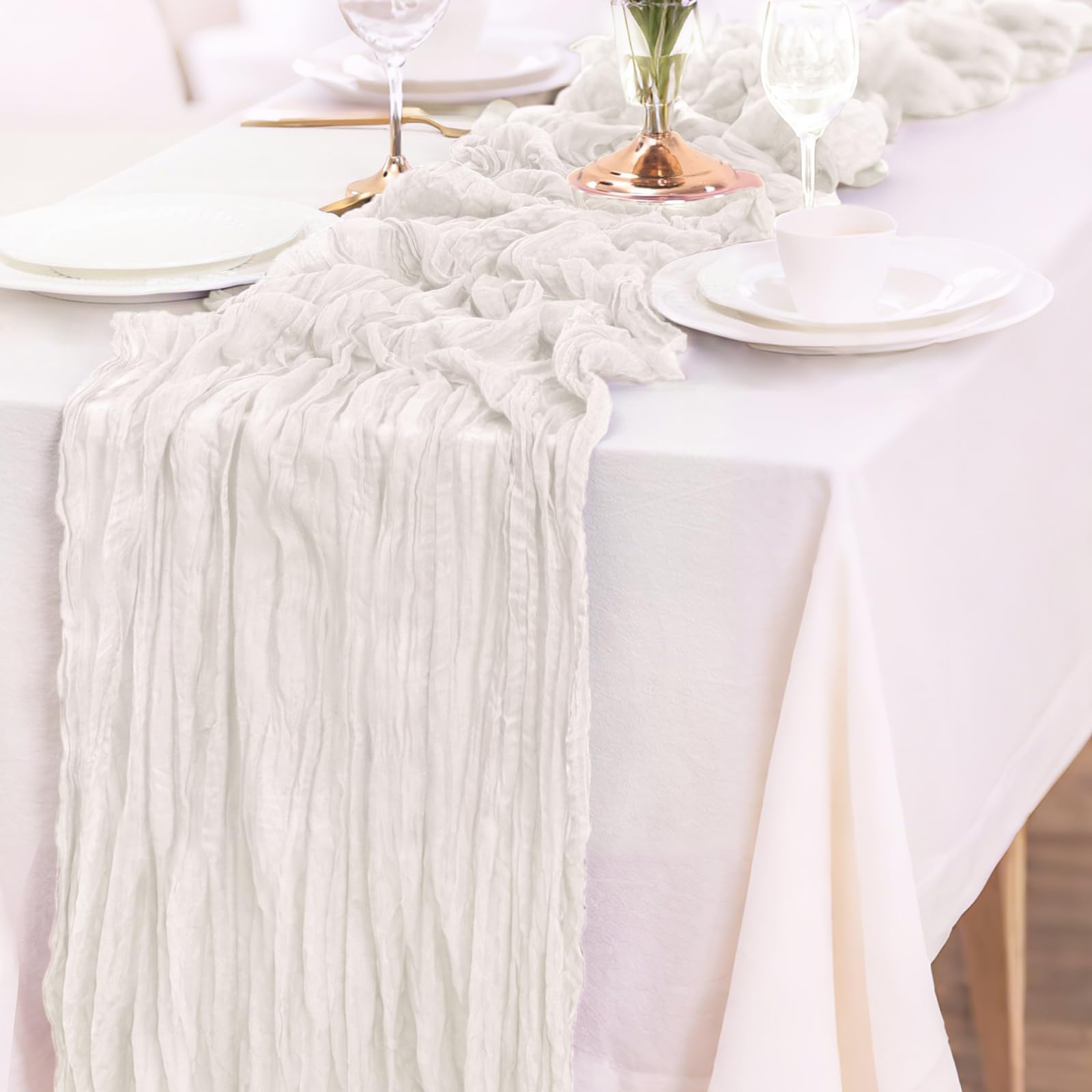 Lot de 10 chemins de table en étamine de style bohème rustique transparent pour mariage, fête prénuptiale, décoration de fête d'anniversaire, 3 m x 305 cm, blanc