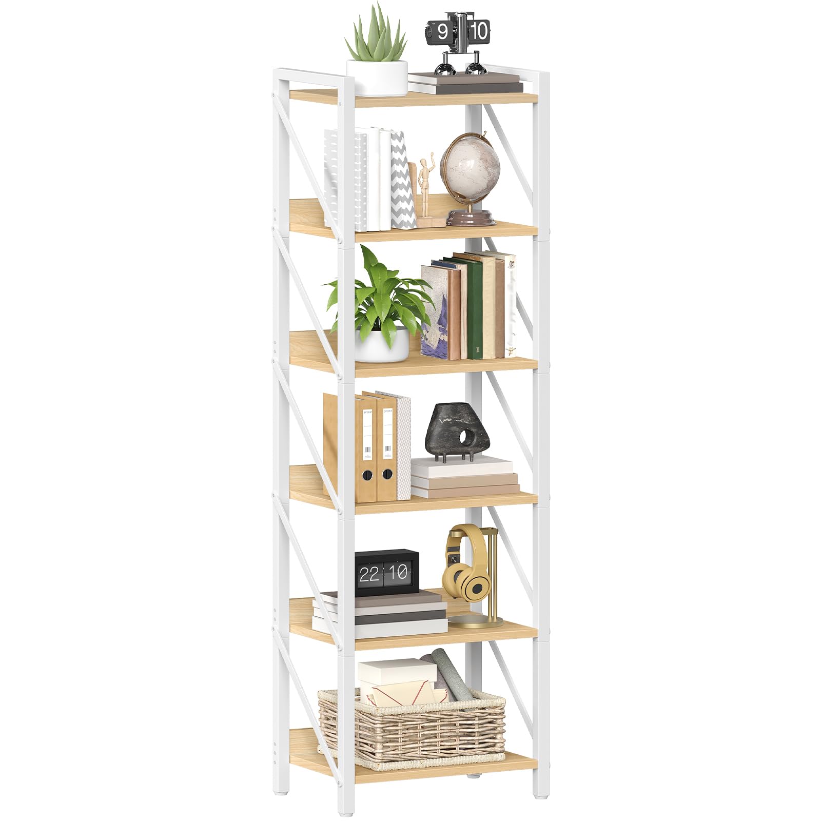 HOOBRO Bücherregal, Standregal, Leiterregal, freistehendes schmales Regal, Büroregal 6 Ebenen, offene Ablagen, für Wohnzimmer, Schlafzimmer, Büro, Küche, Rustikales Braun und Schwarz EWN72SJ01