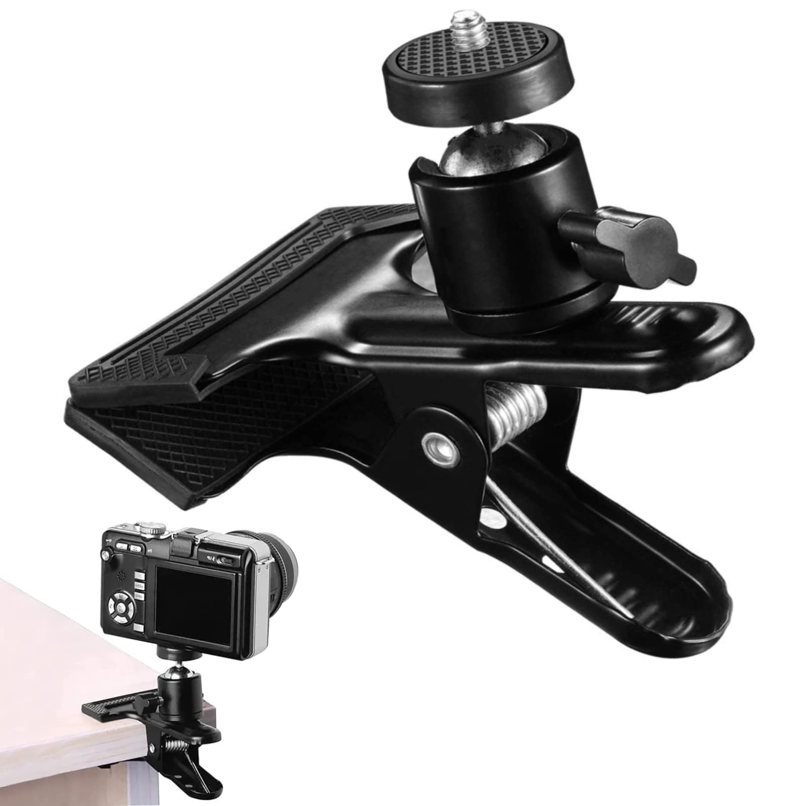Tripod Camera Clip Clamp Flash Holder Mount with 360 Swivel Photography Ball-Head 1/4" Threaded Screw for Camera Tripod, Digital SLR, DSLR, Video Cameras, Studio Backdrop Camera (Black)
