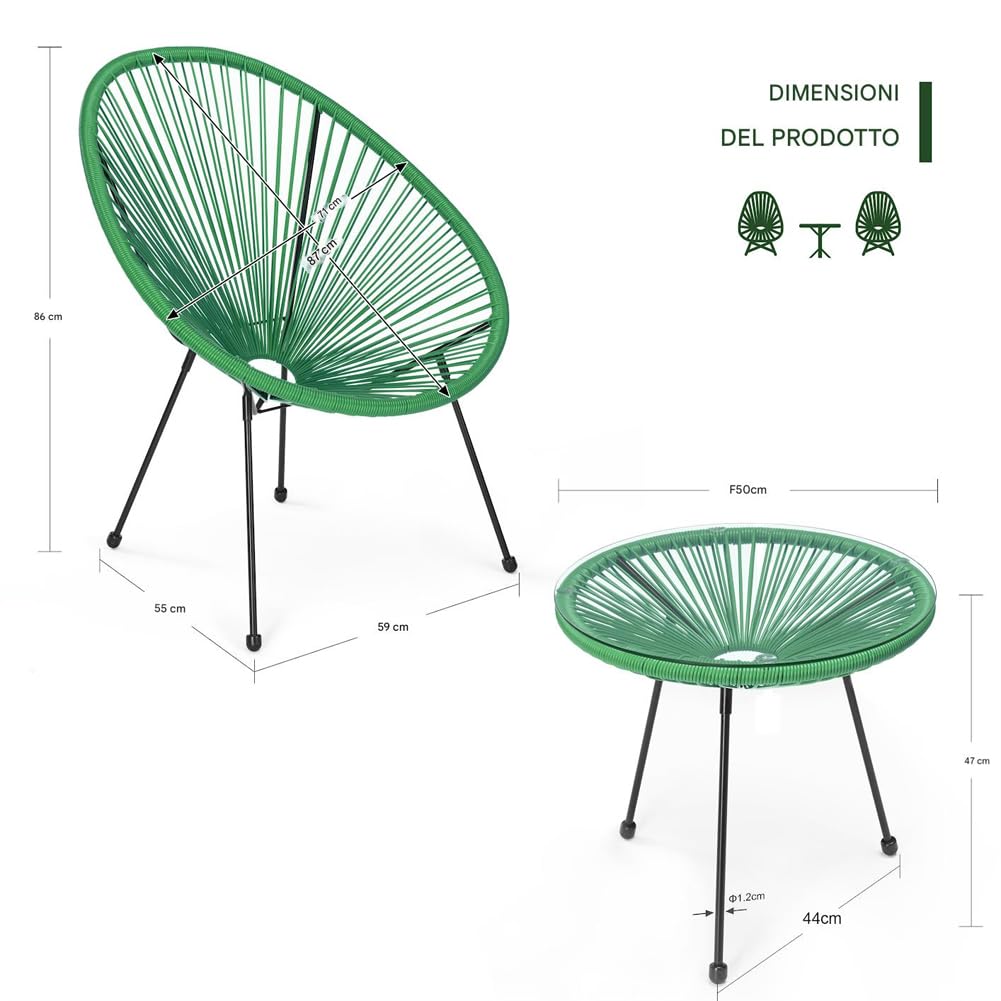 Shally Dogan Set Conversazione Giardino Polyrattan 2 Posti Tavolino Freddy Verde Menta