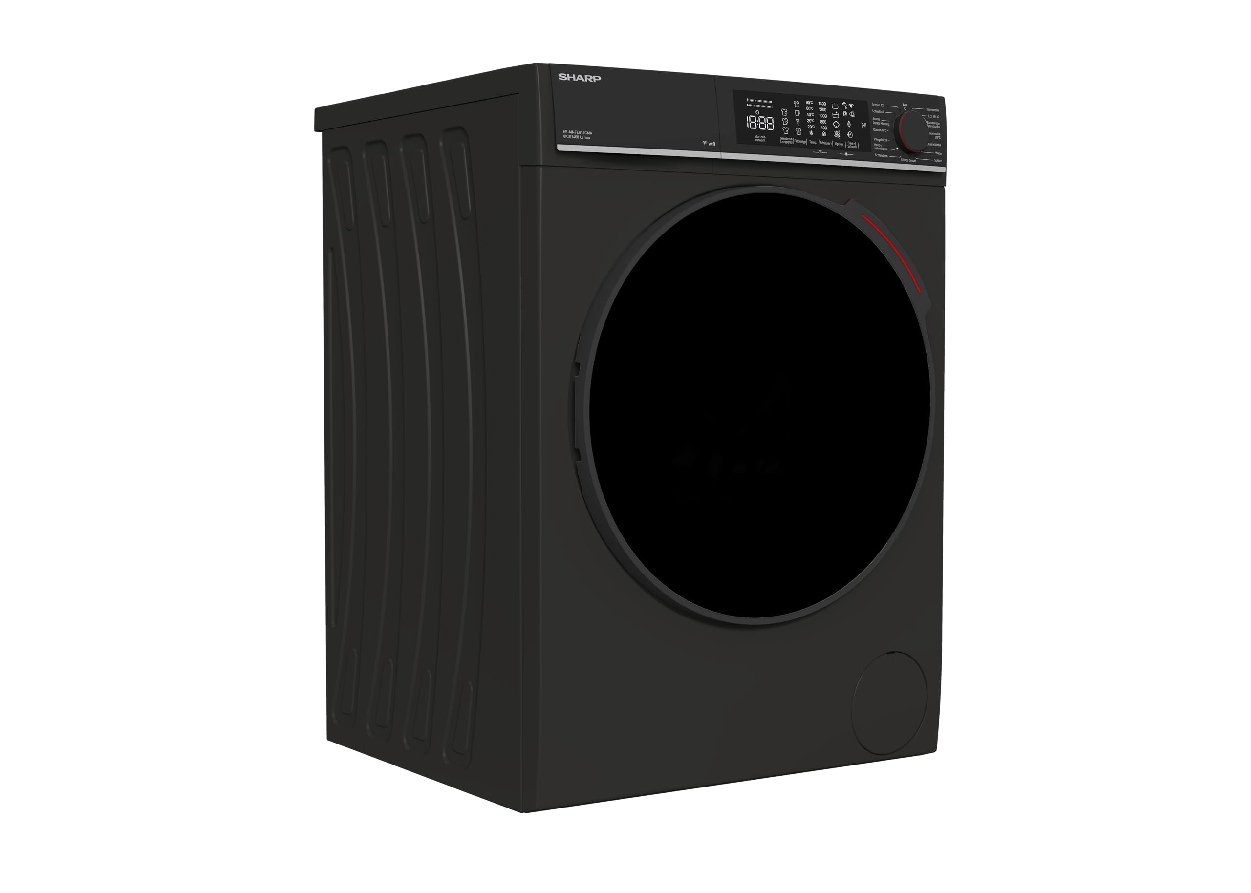 SHARP ES-MNFL814CMA-DE Waschmaschine Frontlader 8 kg, Energieeffizienzklasse A, 1400 U/min, Inverter Motor, AquaStop, Dampffunktion, MicroFiber-Filter, LED Touch Display – Mattschwarz