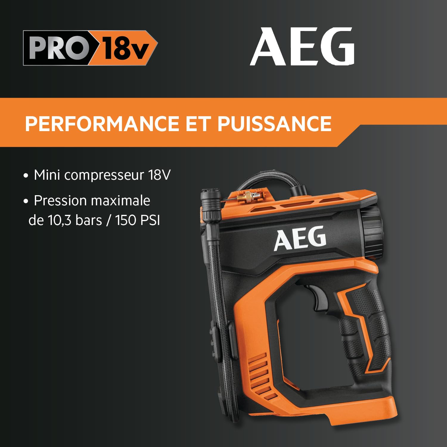 AEG - Mini compresseur 18V, pression max 10,3 bars / 150 PSI, 3 embouts, (sans batt. ni chargeur) BK18C-0