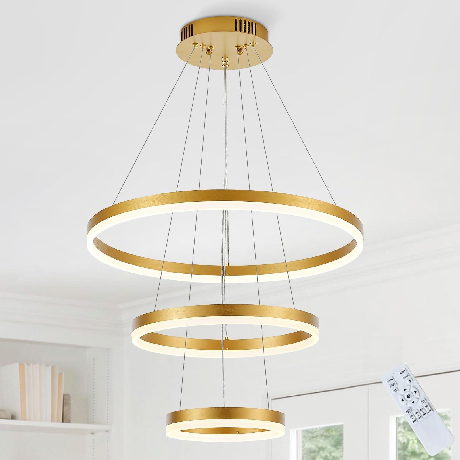LED 3-Ring LED Chandelier 24 Gold Pendant Light Fixture Dimmable Contemporary Circular Flush Mount Chandelier for Living Room