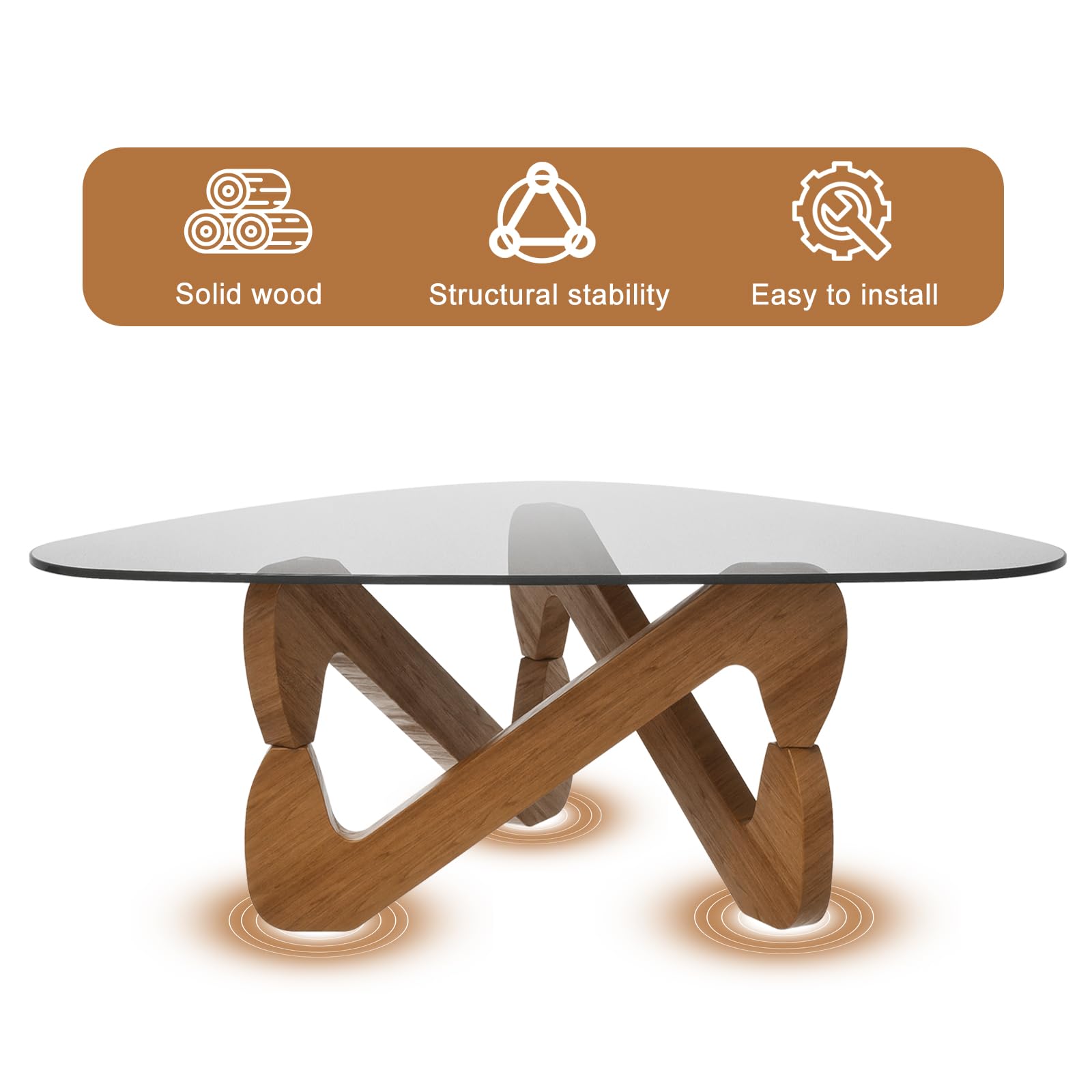Table basse triangulaire en verre, table basse moderne avec base triangulaire en bois massif et verre trempé épaissi, table d'appoint, table basse inhabituelle pour salon bureau, 82 x 57 x 35 cm (gris