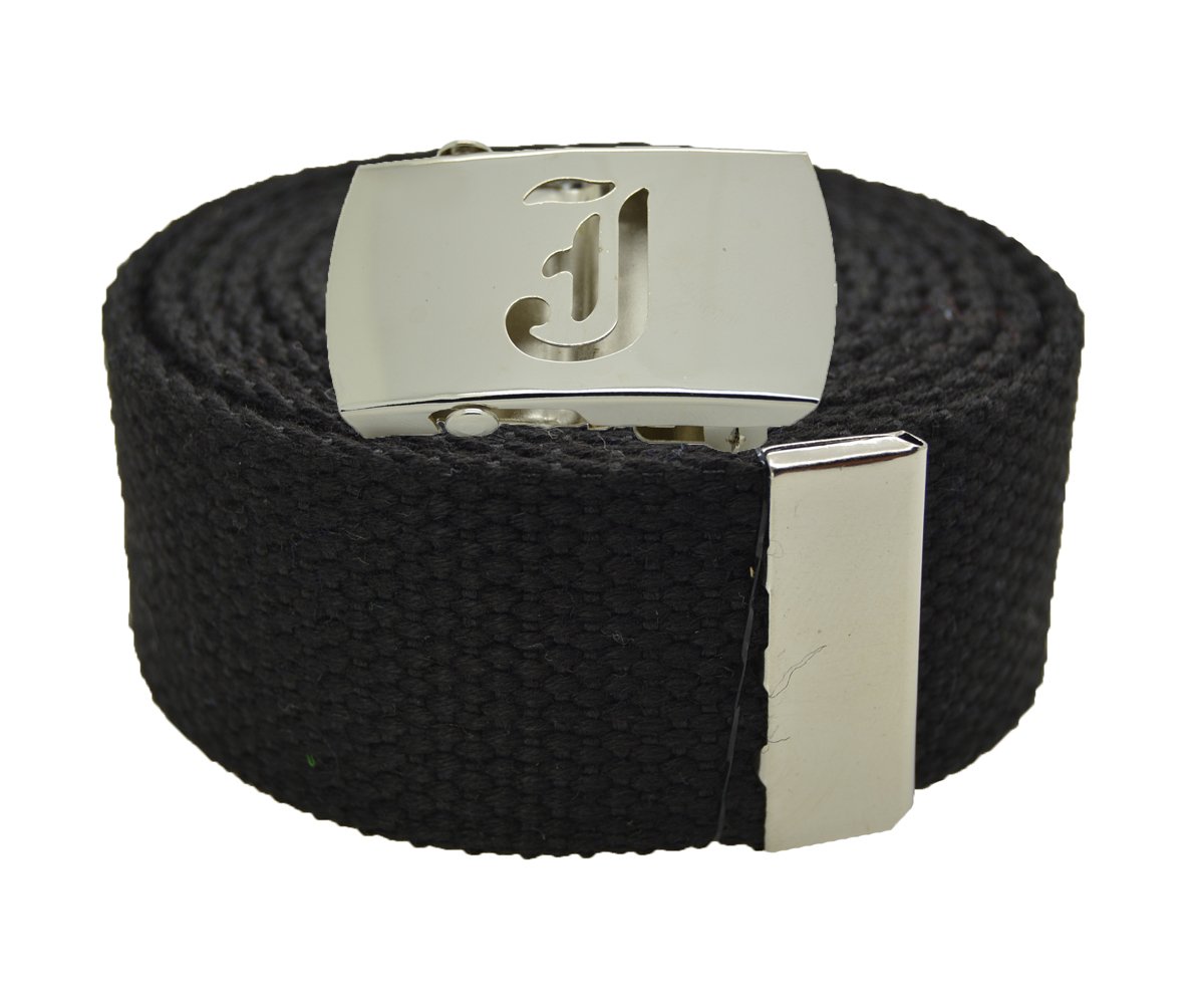 ACCmall Old English Initial J Canvas Military Web Black Belt & Big Silver Buckle 60 Inch