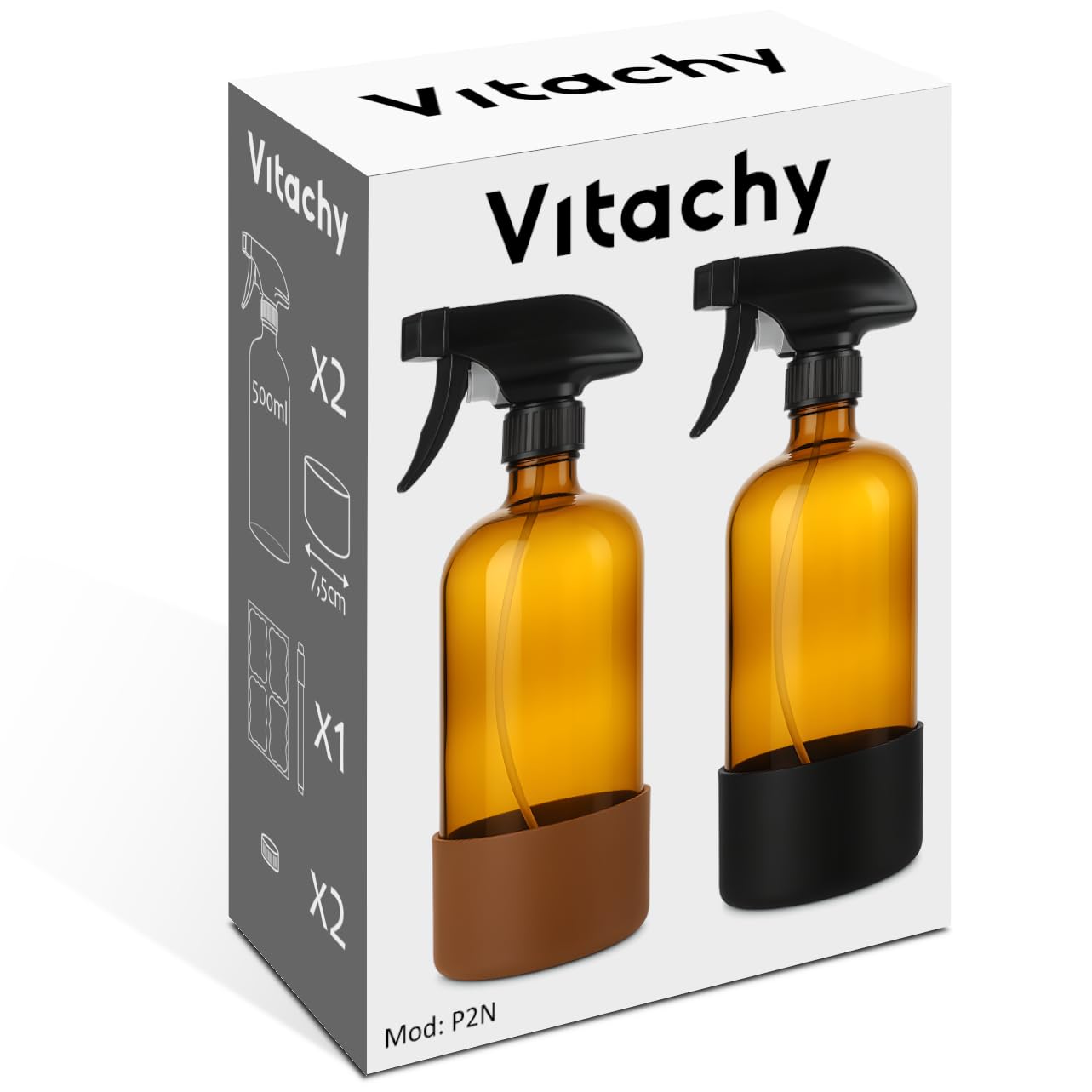 Pack de 2 Botella Spray Pulverizador Cristal 500ml, Bote Spray Vidrio Ámbar con Base de Silicona para Limpieza Hogar y Plantas. Botes Spray Vacíos Rellenables, Glass Spray Bottle