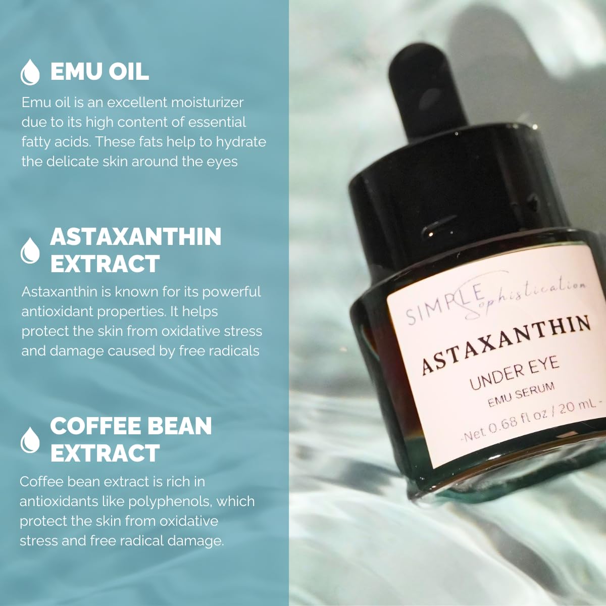 Astaxanthin Under Eye Serum with EMU oil - 0.5 fl. oz./ 15 mL | Emu oil serum | Powerful antioxidant astaxanthin | Anti-Aging serum | Sea Buckthorn, Aloe Vera, Coffee |Preservative free | 100% Natural