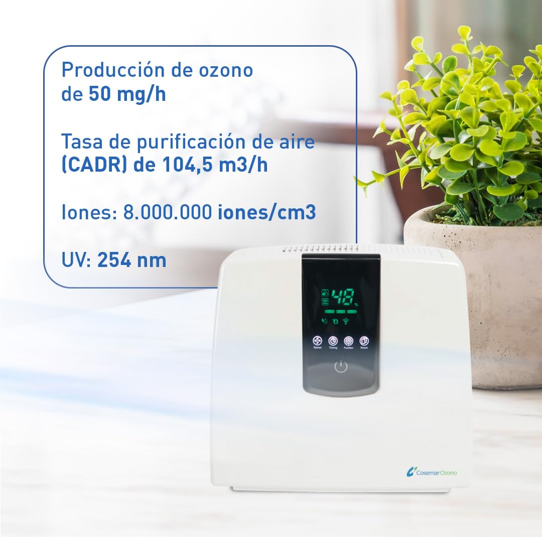 Ozono Hogar - Purificador de Aire Digital 5 en 1 - Ionizador - Filtro HEPA y Filtro de Carbón Activo - Ozonizador - Elimina olores de mascotas y tabaco - Alergias - Polen y ácaros