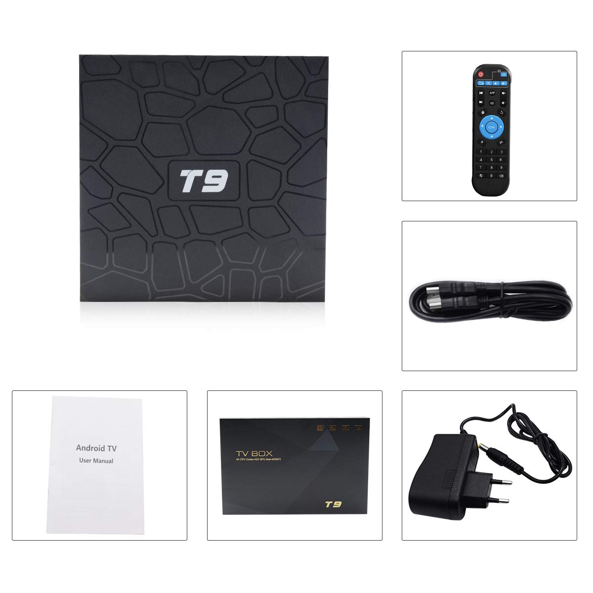 Android 9.0 TV Box, T9 Android Box 4GB RAM 32GB ROM RK3318 Quad Core 2.4GHz/5.0Ghz WiFi Bluetooth4.0 H.265 3D Ultra HD 4K TV Box