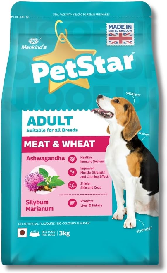Mankind PetStar Adult Dry Dog Food, 22% High Protein, Meat & Wheat Flavor, 3 kg | Complete & Balanced Nutrition for Adult Dogs