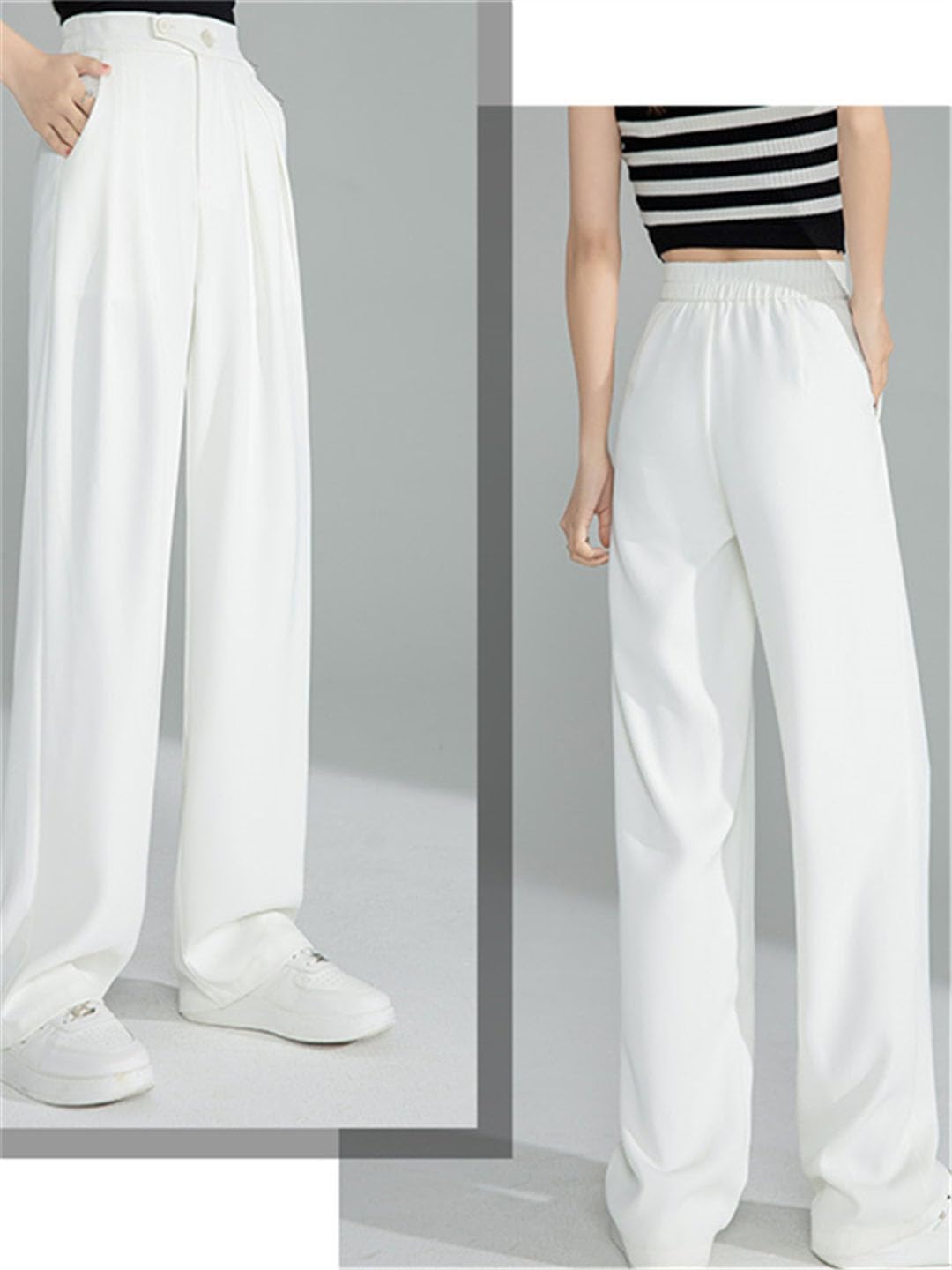 Ownwfeat Pantaloni A Gamba Larga A Vita Alta da Donna Pantaloni Larghi Dritti con Bottoni