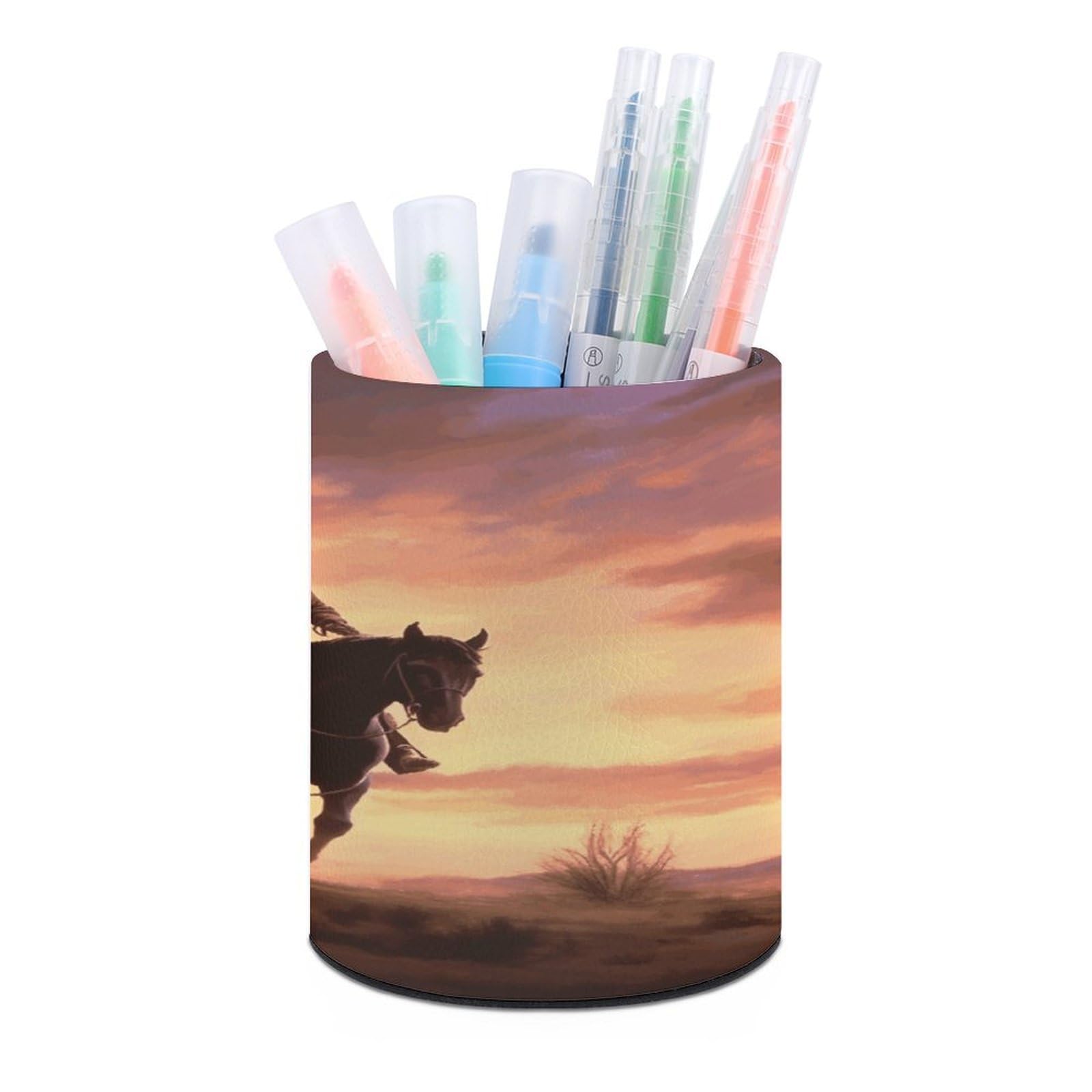 FekiLoot Cowboy West Pen Holder Cup Fashion PU Leather Pencil Cup Minimalist Pen Organizer Round Pencil Holder Stand Work Locker Accessories for Decoration Desk Office Home
