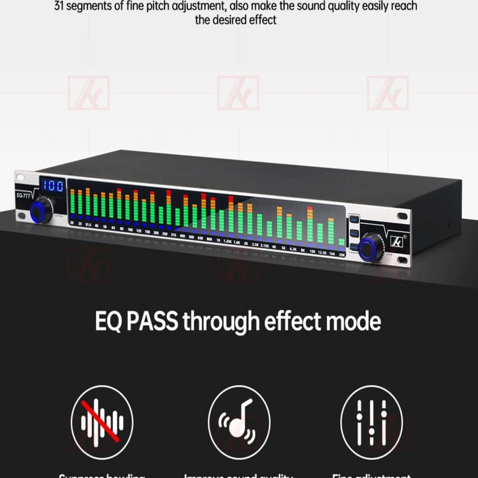 EQ-777 Cyfrowy korektor EQ Redukcja szumów, z wyświetlaczem widma 31 pasm do znaku występów scenicznych KTV Poziom stereo, wskaźnik spektrum LED Profesjonalny system dźwiękowy sprzęt karaoke