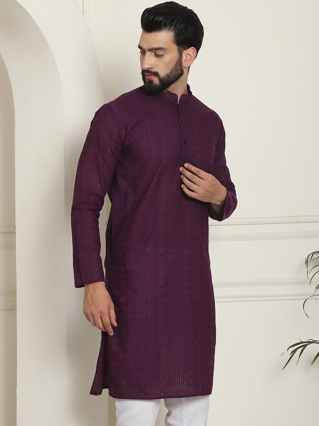 Sojanya (Since 1958 Men's Cotton Thread Embroidered Wine Long Kurta