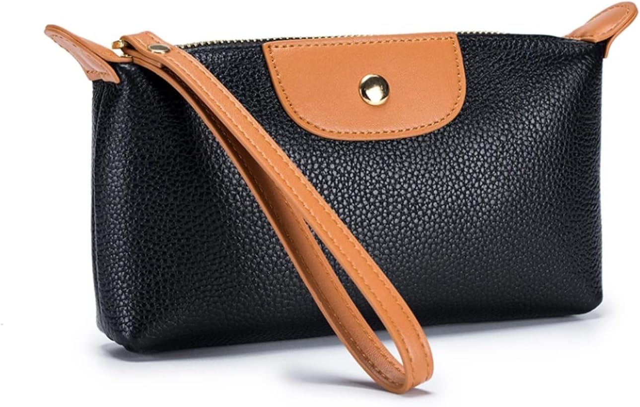 Women Genuine Real Leather Wristlet Wallet Clutch. 2 Zipped Pockets 3 Card Slots Purse (Black)
