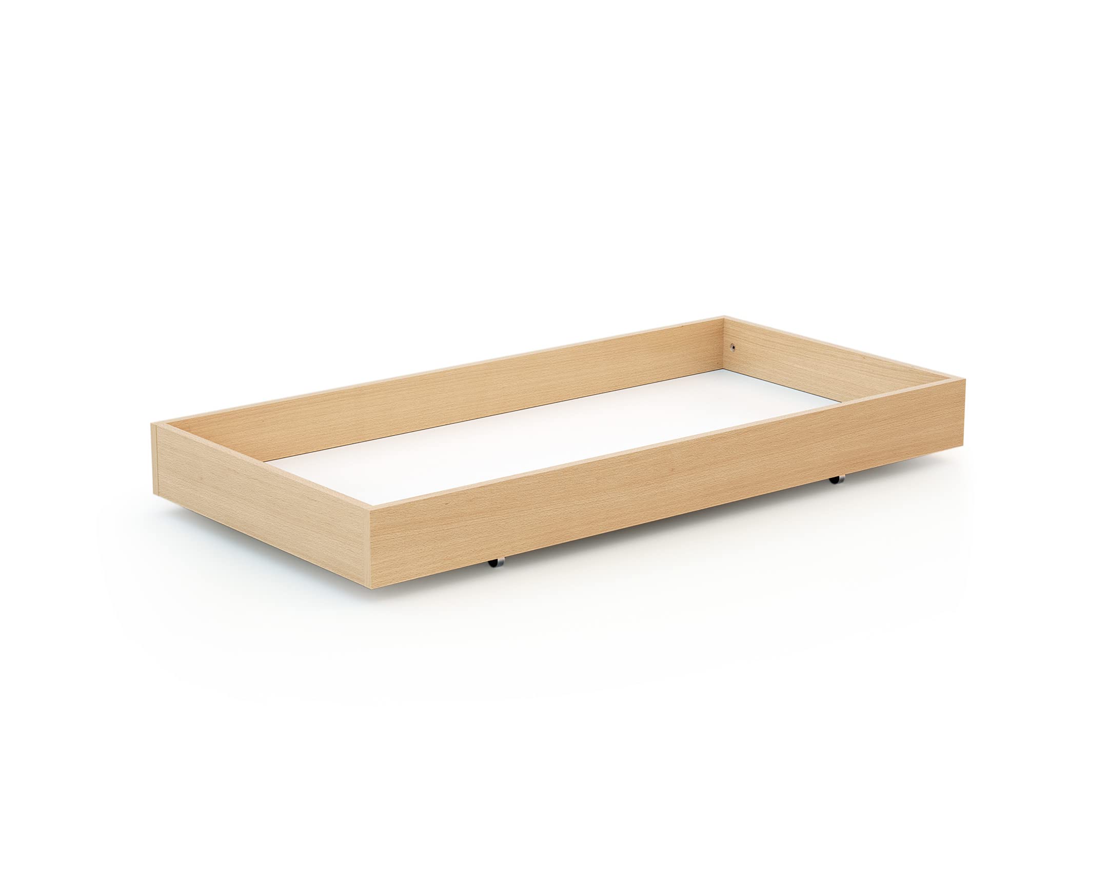 AT4 - Tiroir de lit ESSENTIEL Hêtre verni | Pour lit bébé 60x120 cm | Tiroir universel en bois | Tiroir à 4 roulettes | Hauteur 15cm | Rangement pratique et discret | Gain de place