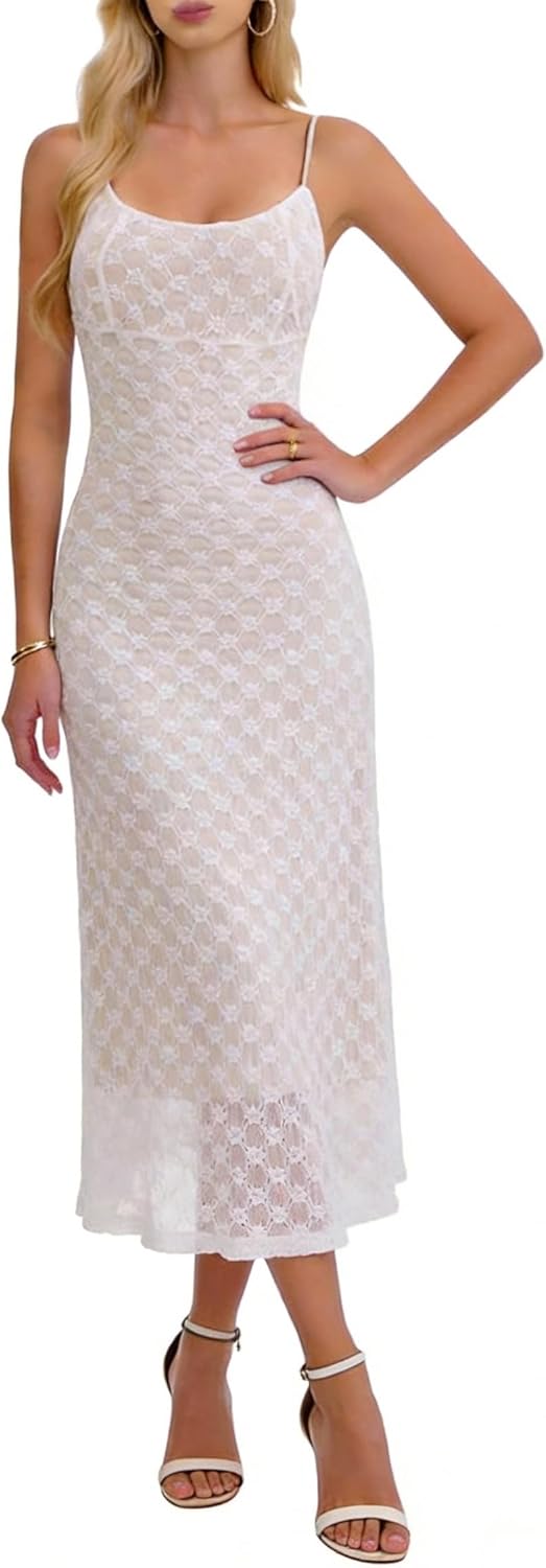 GERT COREL Women's Summer Sleeveless 2026 Spaghetti Strap Mesh Knee Length Dress Square Neck Elegant Midi Dress