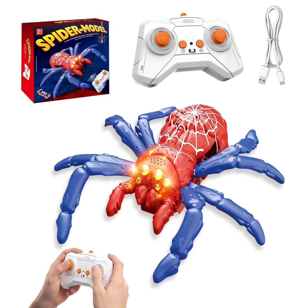 JYQOQH Wall Crawling Spider, Rechargeable 2.4GHz Remote Control Spider with 2 Modes Walking on Floor and Wall, Wall Climbing Spider with LED Eyes and 360° Stunts, for Christmas Birthday Gifts