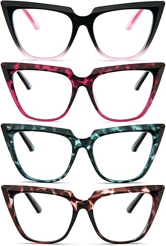 KoKoBin Paquete de 4 lentes de lectura de gran tamaño para mujer, bisagra de resorte con bloqueo de luz azul, Negro, rojo, blanco y leopardo