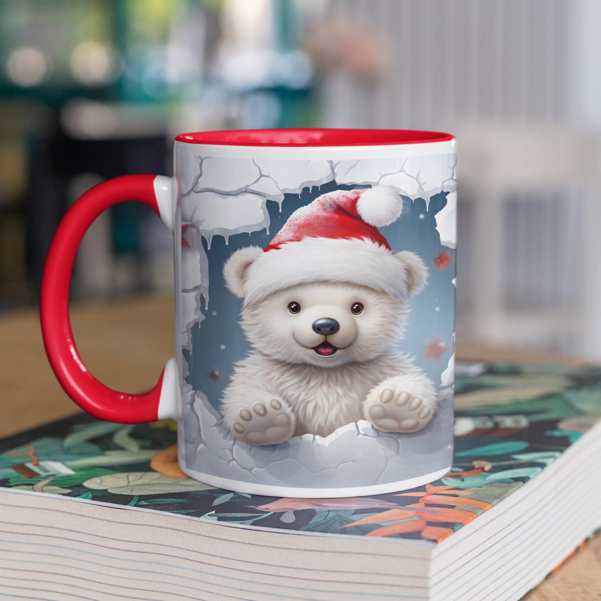 3D Cute Animal Mug | Creative Design Ceramic Coffee Mug | Bear Mug | 3D Effect Crack Mugs | Xmas Hat Animal Cup | Christmas Funny Gift Presents Novelty Red Trim Dishwasher/Microwave Safe Ceramic 11oz
